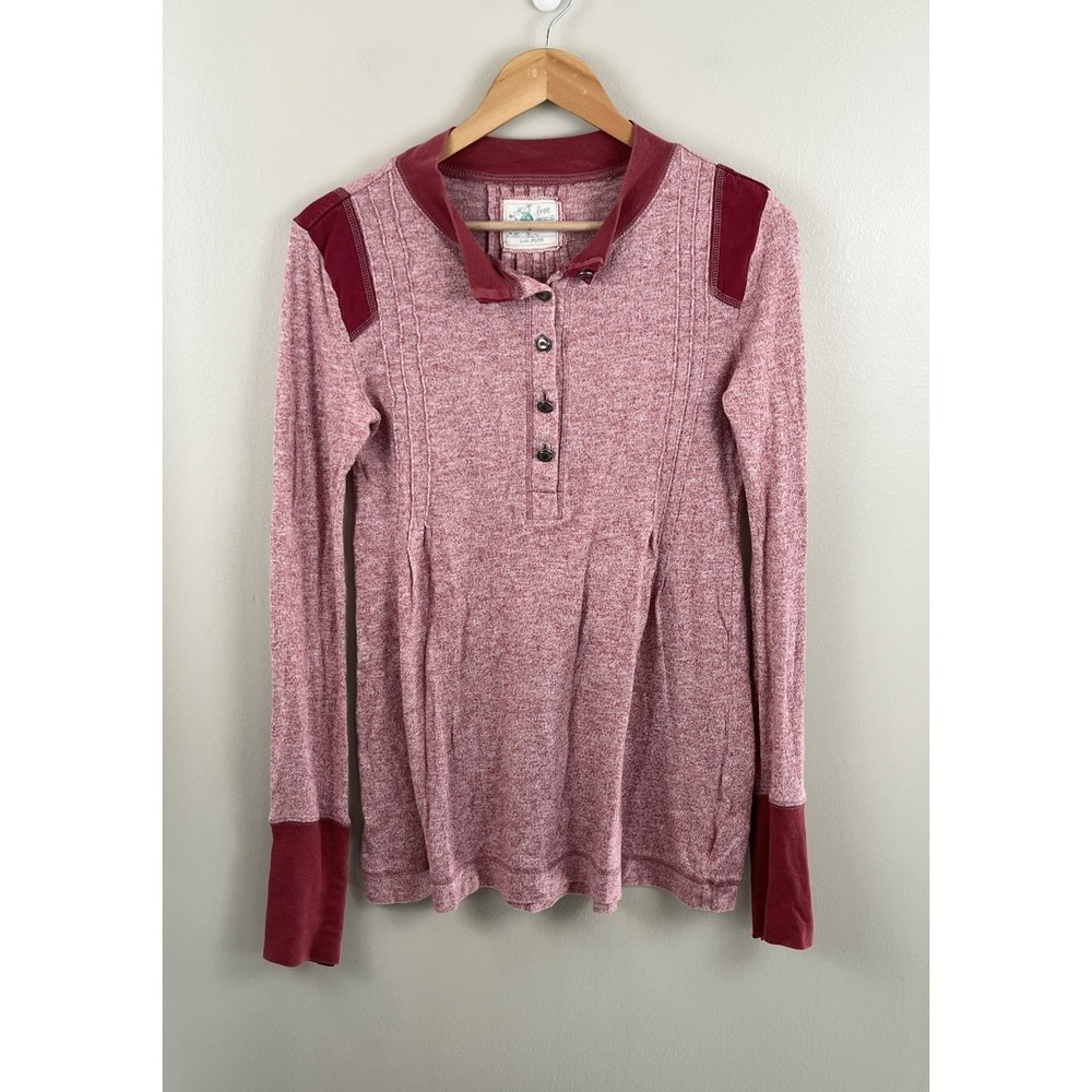 Free People Vtg Tunic Sweater Knit Red Henley Button Cuffs Medium Cozy